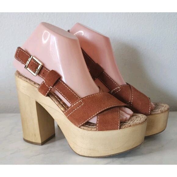 Sam Edelman Shoes - Sam Edelman Mae Saddle Suede Platform Chunky Heel Sandals Brown Spice Size 7M